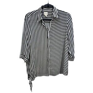 Chicos Semi Sheer Button Top Womens 0/Small Black White Stripe Side Tie 3/4 Slv
